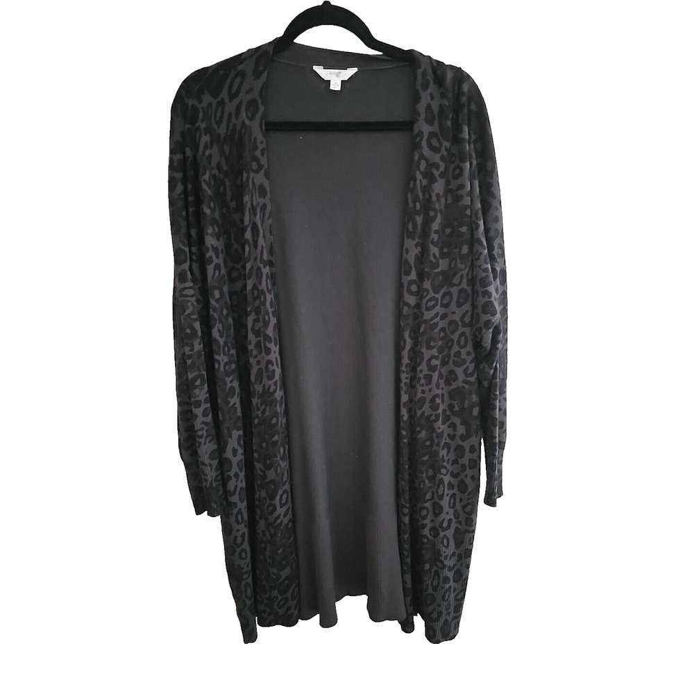 Terra & Sky Black Leopard Print Open Front Long‎ Cardigan Sweater Womans Size 2X